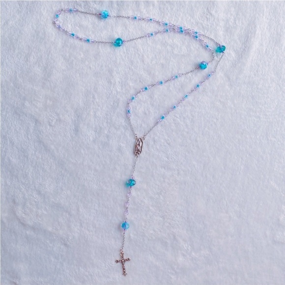 HP X1 🔥 Beautifully Handcrafted Blue Beaded Rosary - Baby Blue‎ + Light Pink - Picture 1 of 4